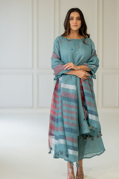 Coastal Lagoon Linen Kurta Set with Dupatta