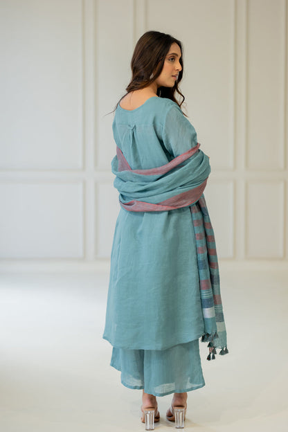 Coastal Lagoon Linen Kurta Set with Dupatta