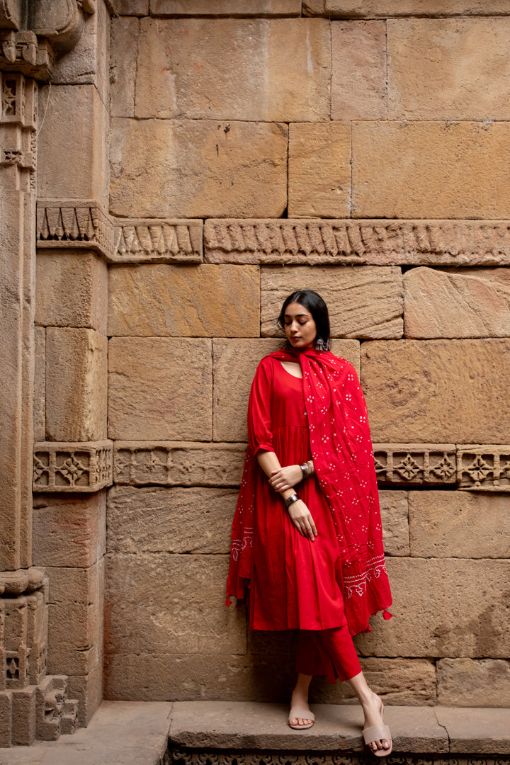 Poppy red kurta set with dupatta