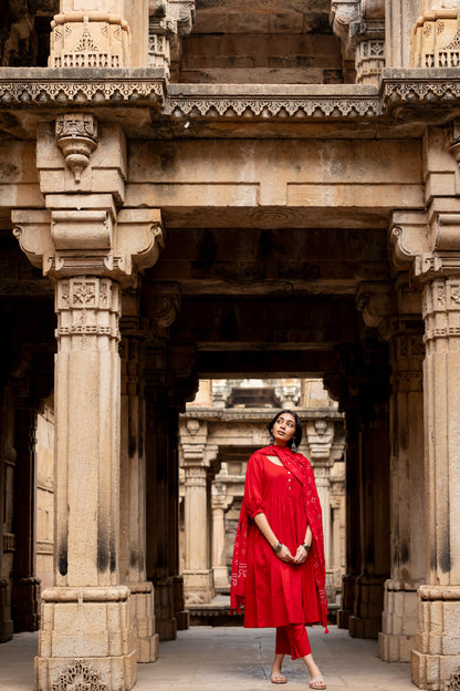 Poppy red kurta set with dupatta