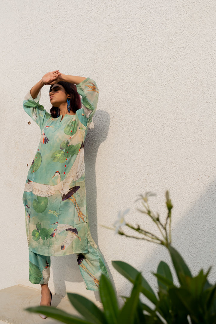 Oriental Cranes and Frogs Kurta Set