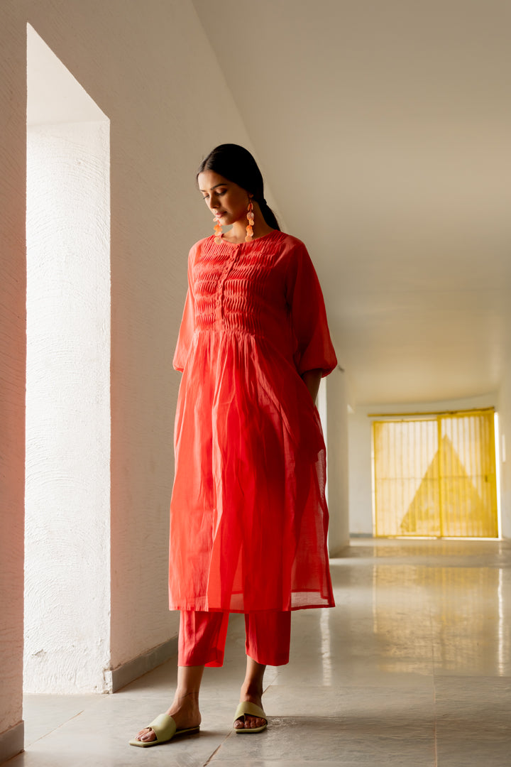 Coral Pleated Kurta
