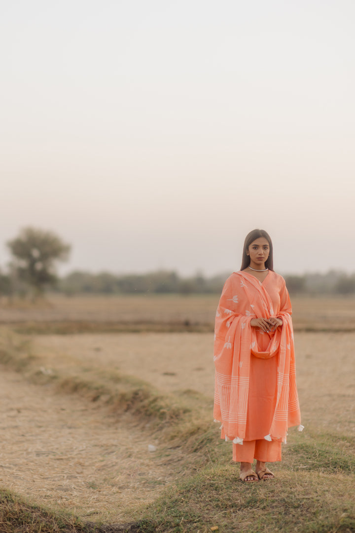 Melon kurta set with printed dupatta