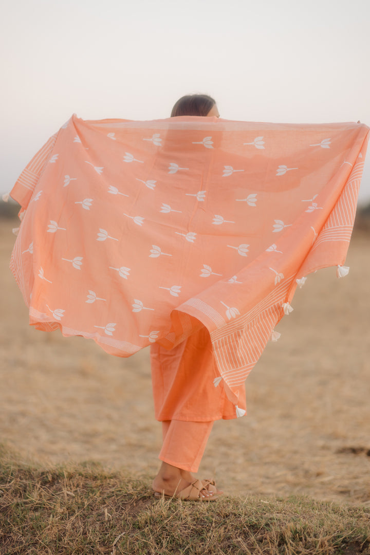 Melon kurta set with printed dupatta