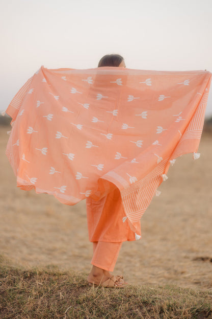 Melon kurta set with printed dupatta