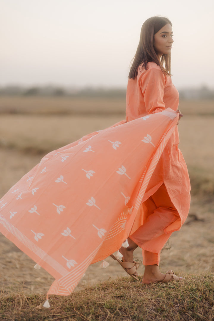 Melon kurta set with printed dupatta