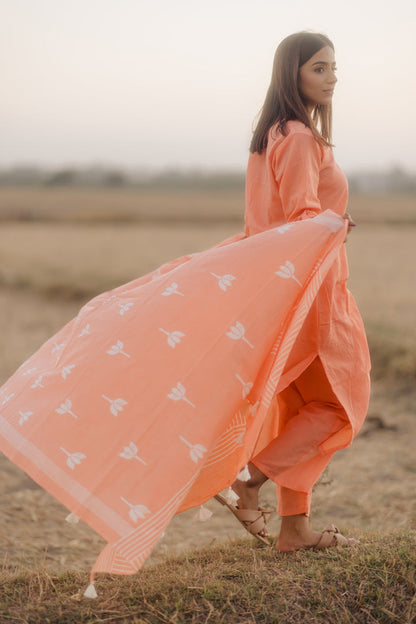 Melon kurta set with printed dupatta