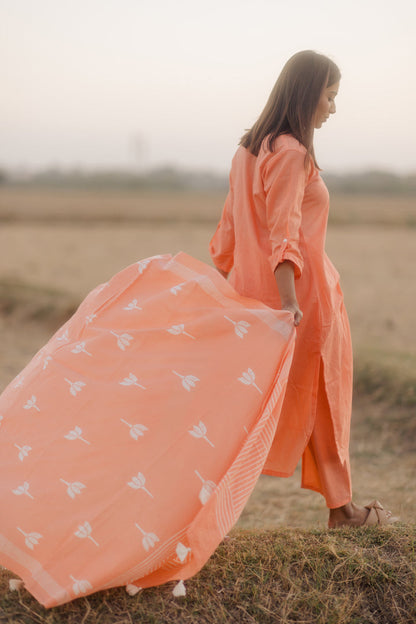 Melon kurta set with printed dupatta