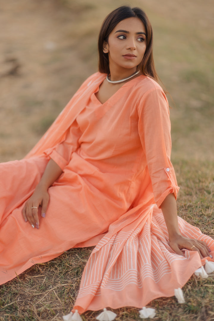 Melon kurta set with printed dupatta