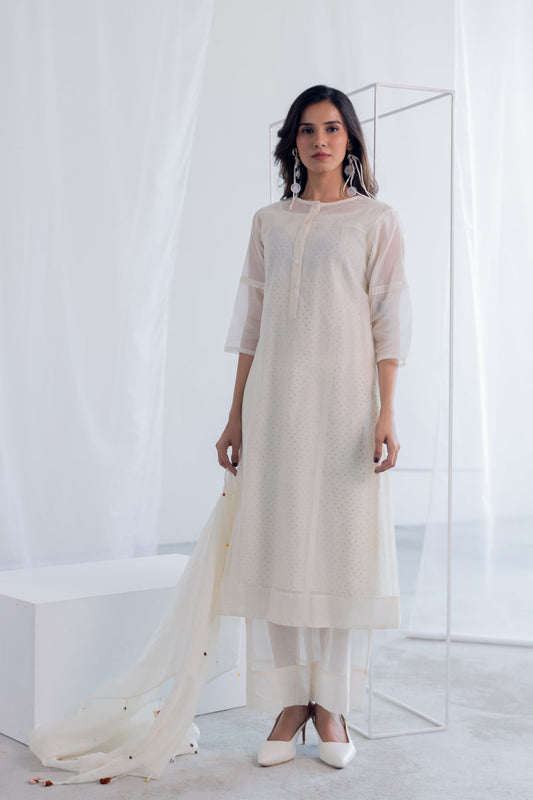 Ecru Chanderi Polka Kurta