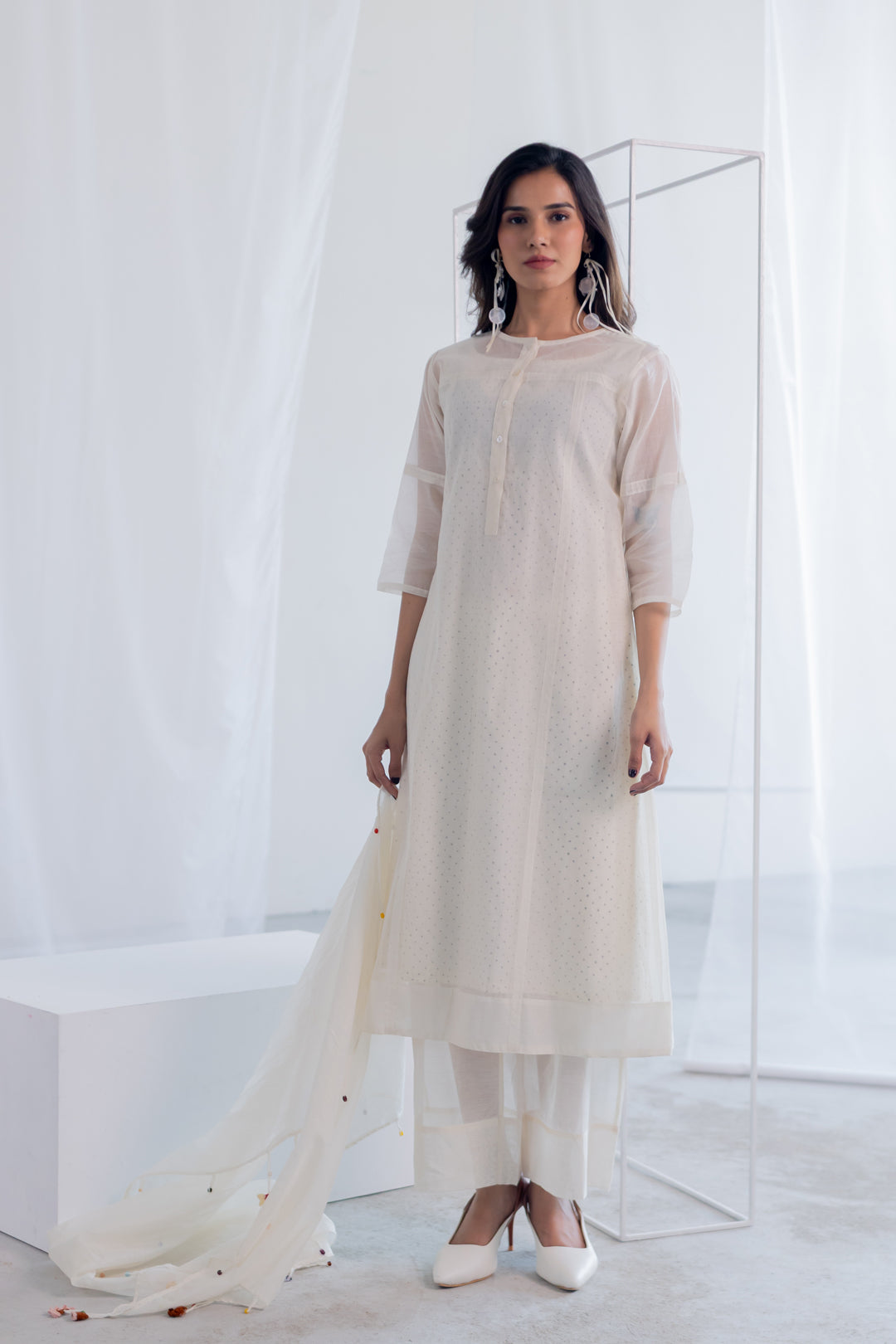 Ecru Chanderi Polka Kurta and Pants Set