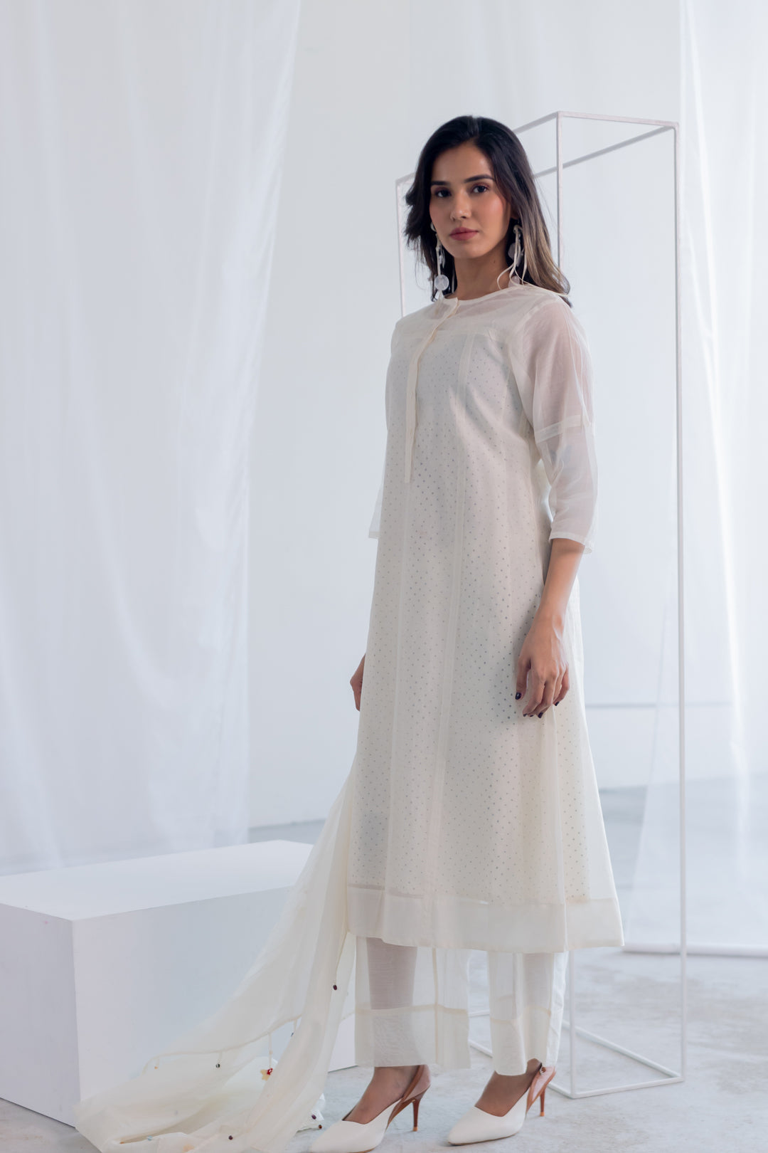 Ecru Chanderi Polka Kurta Set with Stole