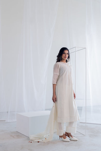 Ecru Chanderi Polka Kurta Set with Stole