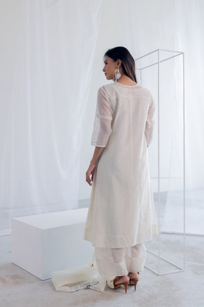 Ecru Chanderi Polka Kurta Set with Stole