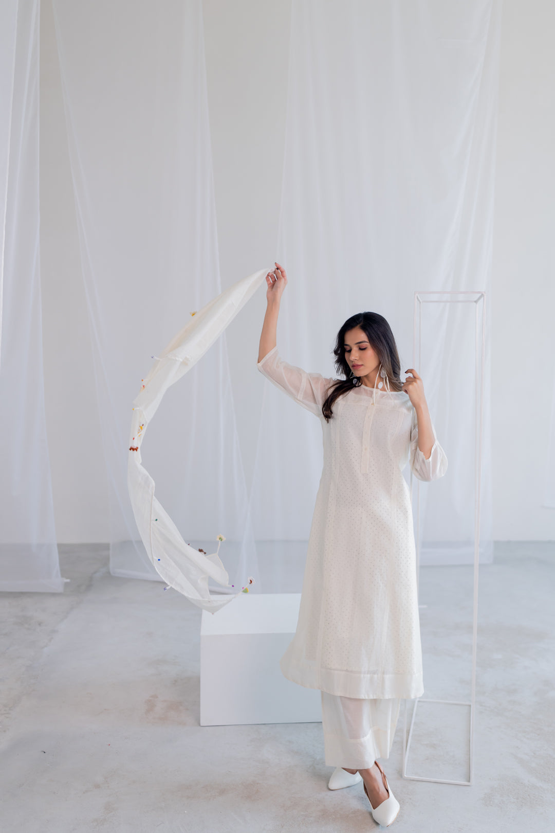 Ecru Chanderi Polka Kurta and Pants Set