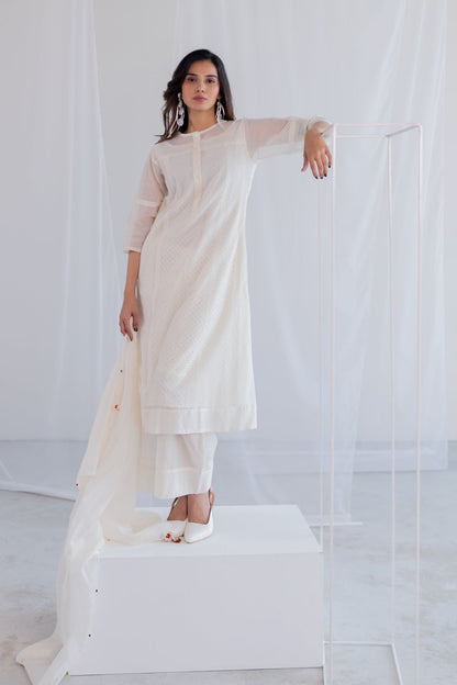 Ecru Chanderi Polka Kurta and Pants Set
