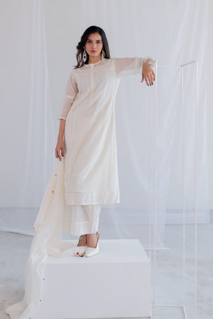 Ecru Chanderi Polka Kurta and Pants Set