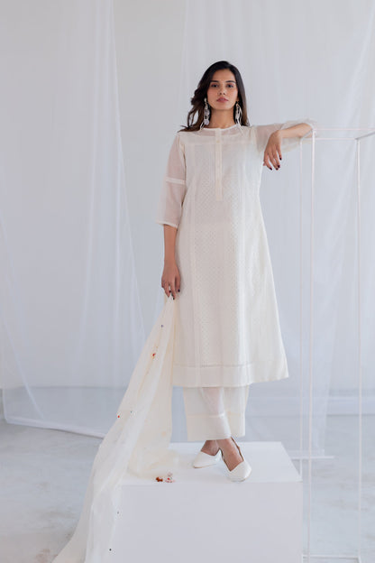 Ecru Chanderi Polka Kurta Set with Stole