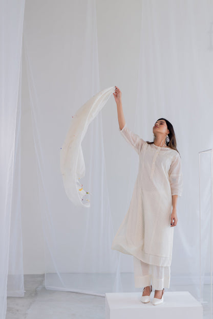 Ecru Chanderi Polka Kurta and Pants Set