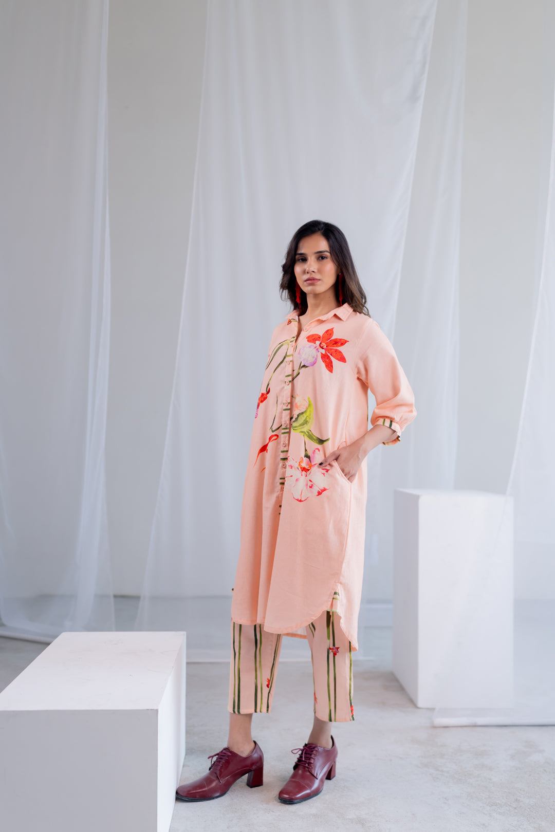 Soft Coral Button down Co -Ord Set
