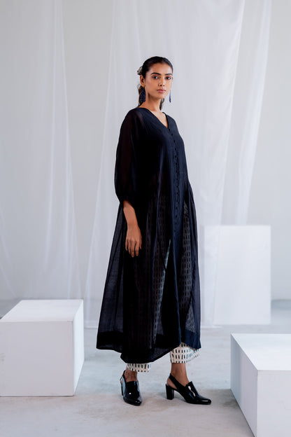 Sheer Midnight Chanderi Overlay and Ecru Pants Set