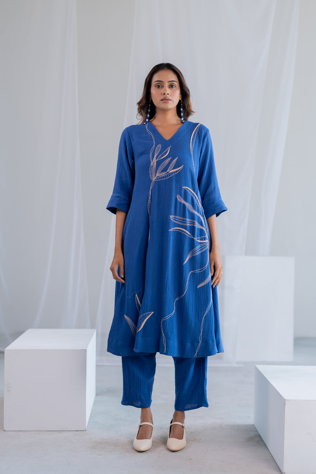 Cobalt Ecru Foliage Kurta Co-ord