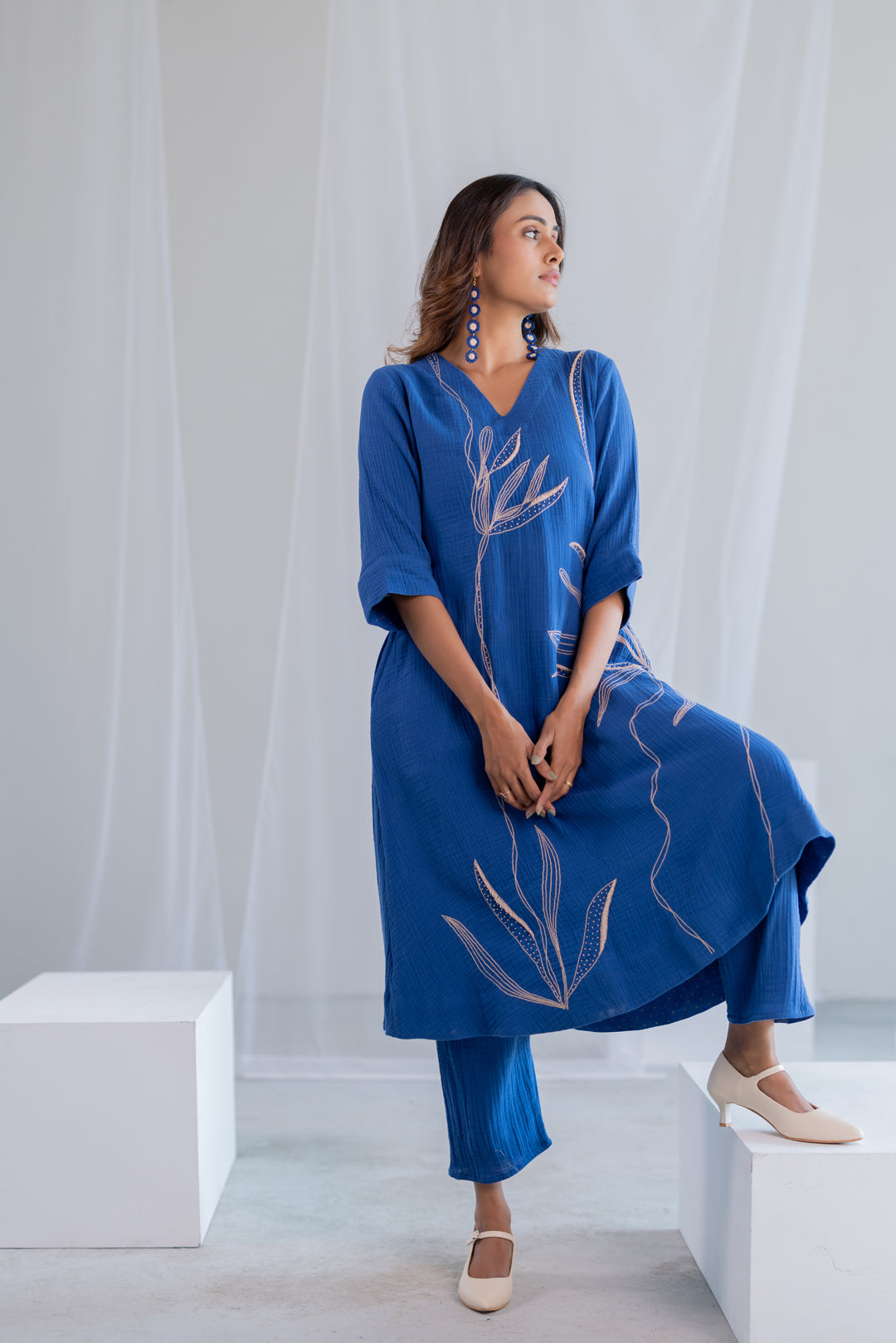 Cobalt Ecru Foliage Kurta Co-ord
