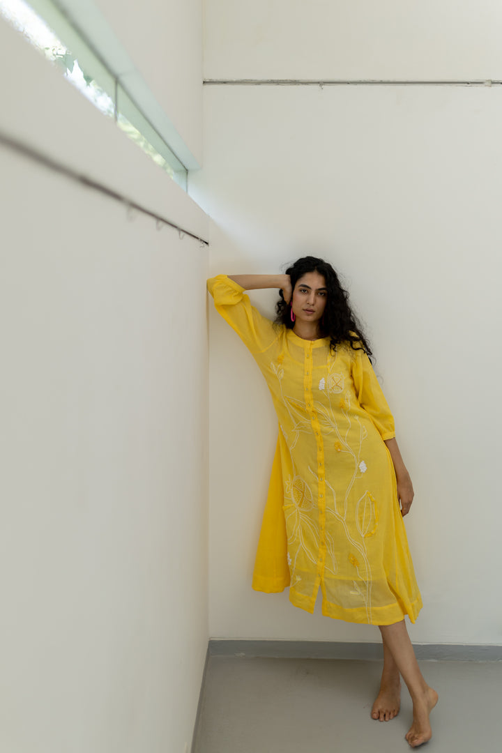 Yellow Crinkled Cotton Dress