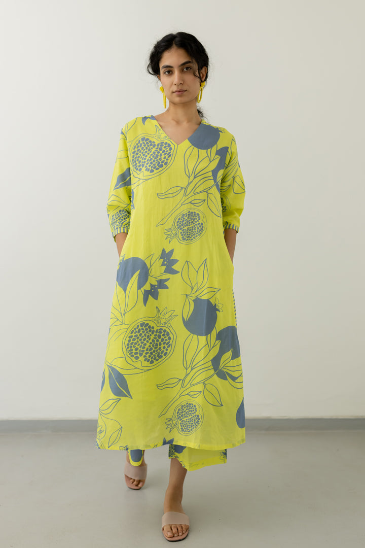 Yellow Grey Pomegranate Print Kurta