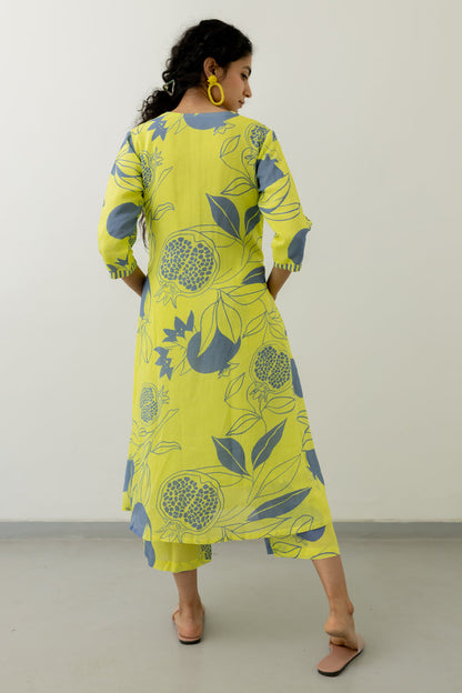 Yellow Grey Pomegranate Print Kurta