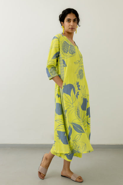 Yellow Grey Pomegranate Print Kurta and Pants set