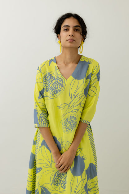 Yellow Grey Pomegranate Print Kurta and Pants set