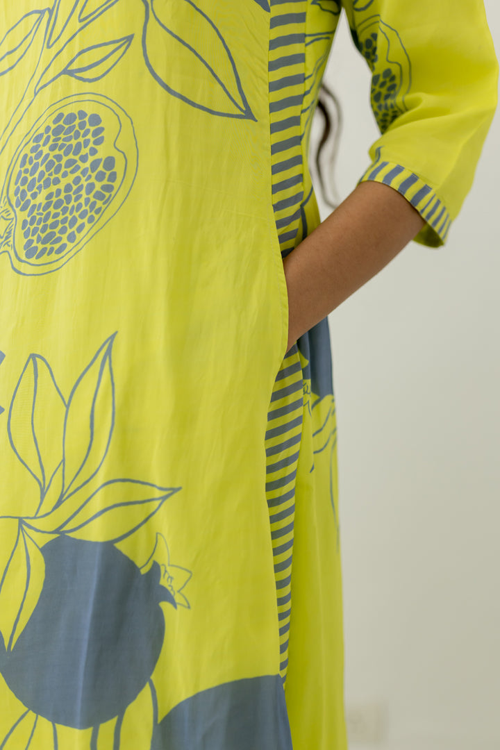 Yellow Grey Pomegranate Print Kurta and Pants set