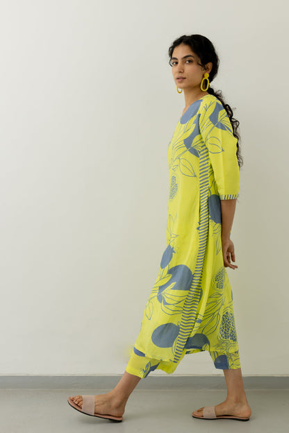 Yellow Grey Pomegranate Print Kurta and Pants set