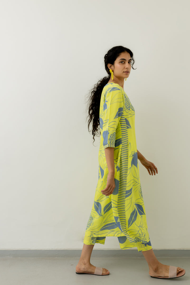 Yellow Grey Pomegranate Print Kurta and Pants set