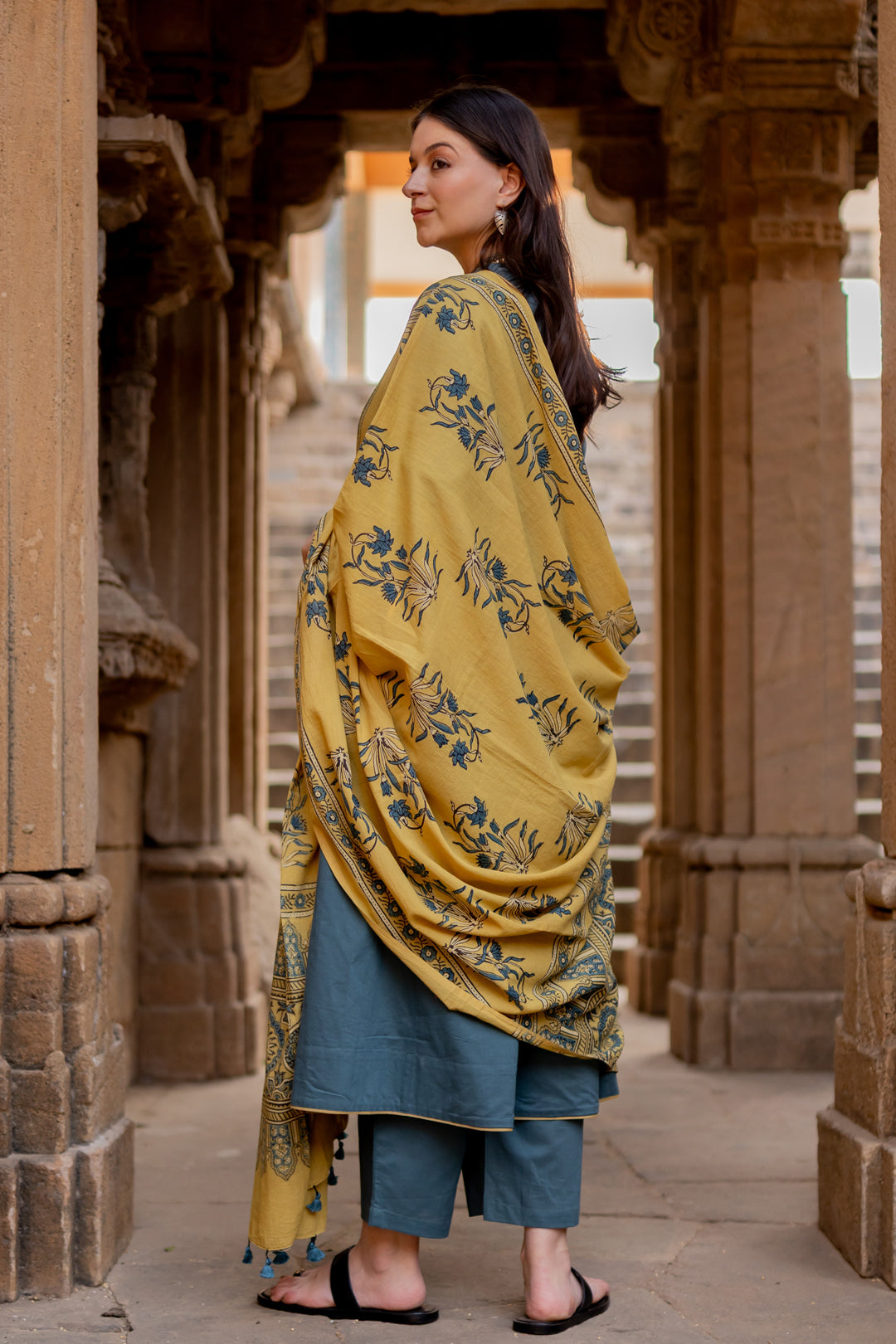 Teal Dune Kalidaar Set with Mustard Ajrakh Dupatta