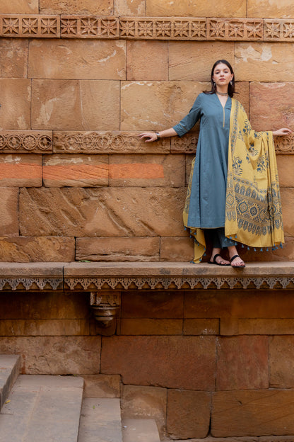 Teal Dune Kalidaar Set with Mustard Ajrakh Dupatta