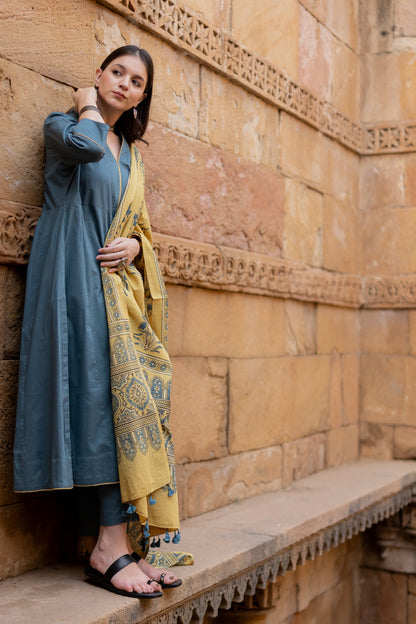 Teal Dune Kalidaar Set with Mustard Ajrakh Dupatta