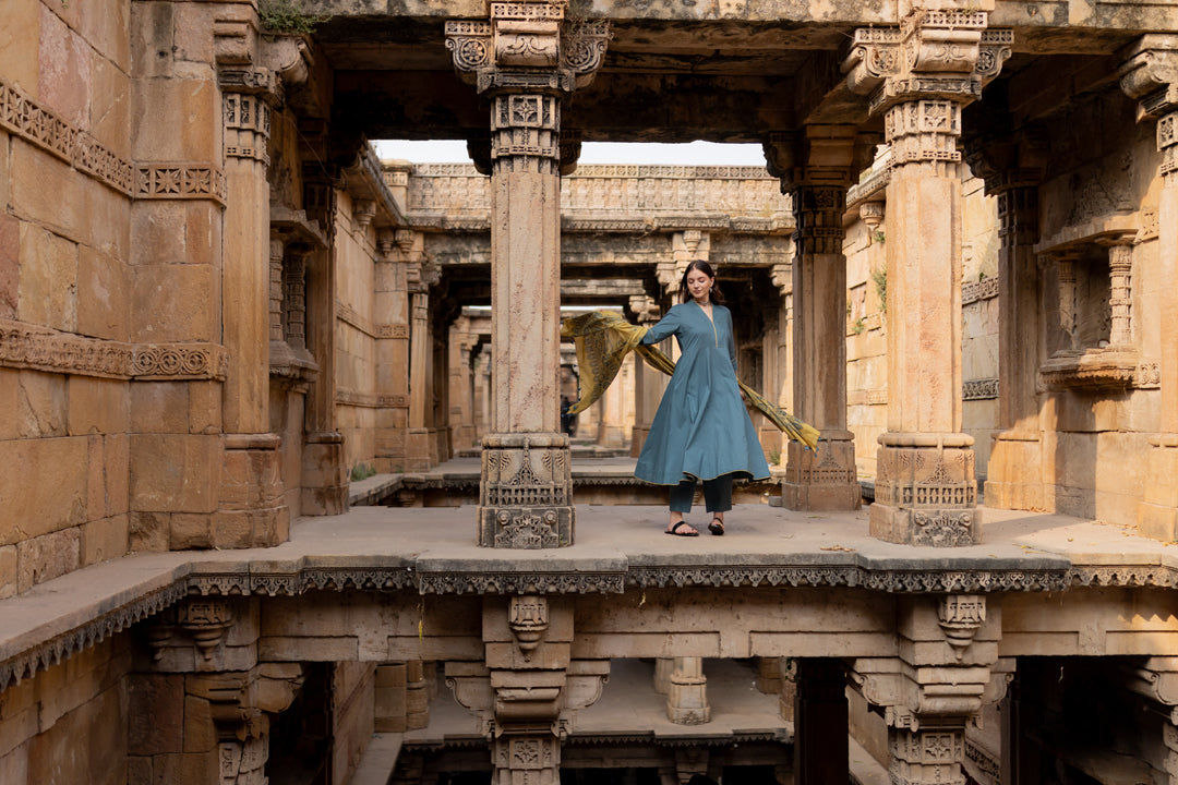Teal Dune Kalidaar Set with Mustard Ajrakh Dupatta