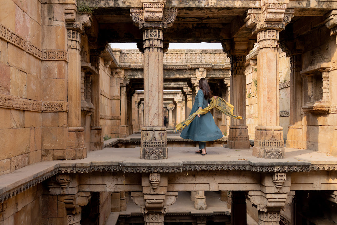 Teal Dune Kalidaar Set with Mustard Ajrakh Dupatta