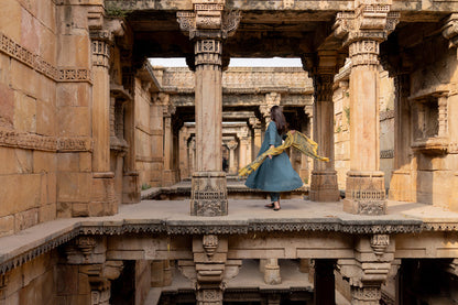 Teal Dune Kalidaar Set with Mustard Ajrakh Dupatta