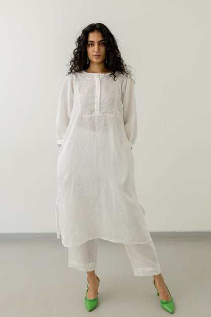 Pristine White linen kurta set