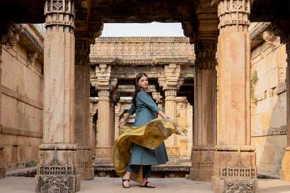 Teal Dune Kalidaar Set with Mustard Ajrakh Dupatta
