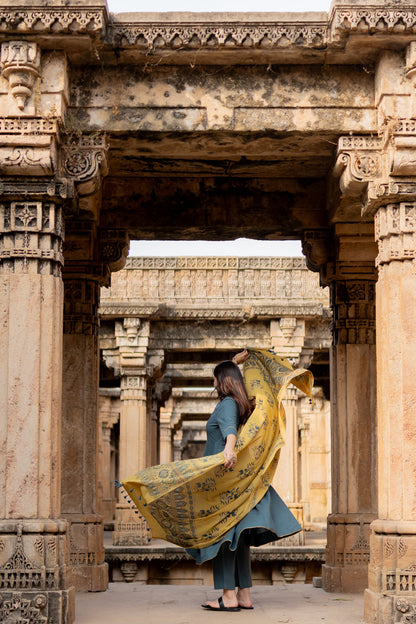 Teal Dune Kalidaar Set with Mustard Ajrakh Dupatta