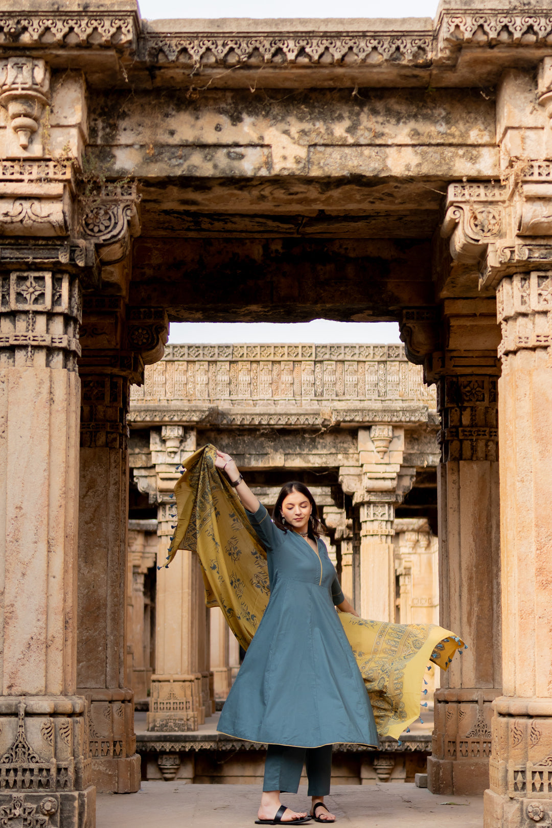 Teal Dune Kalidaar Set with Mustard Ajrakh Dupatta