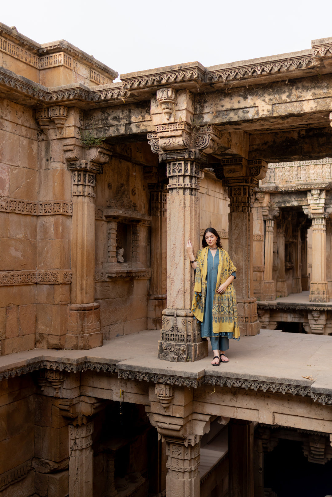 Teal Dune Kalidaar Set with Mustard Ajrakh Dupatta