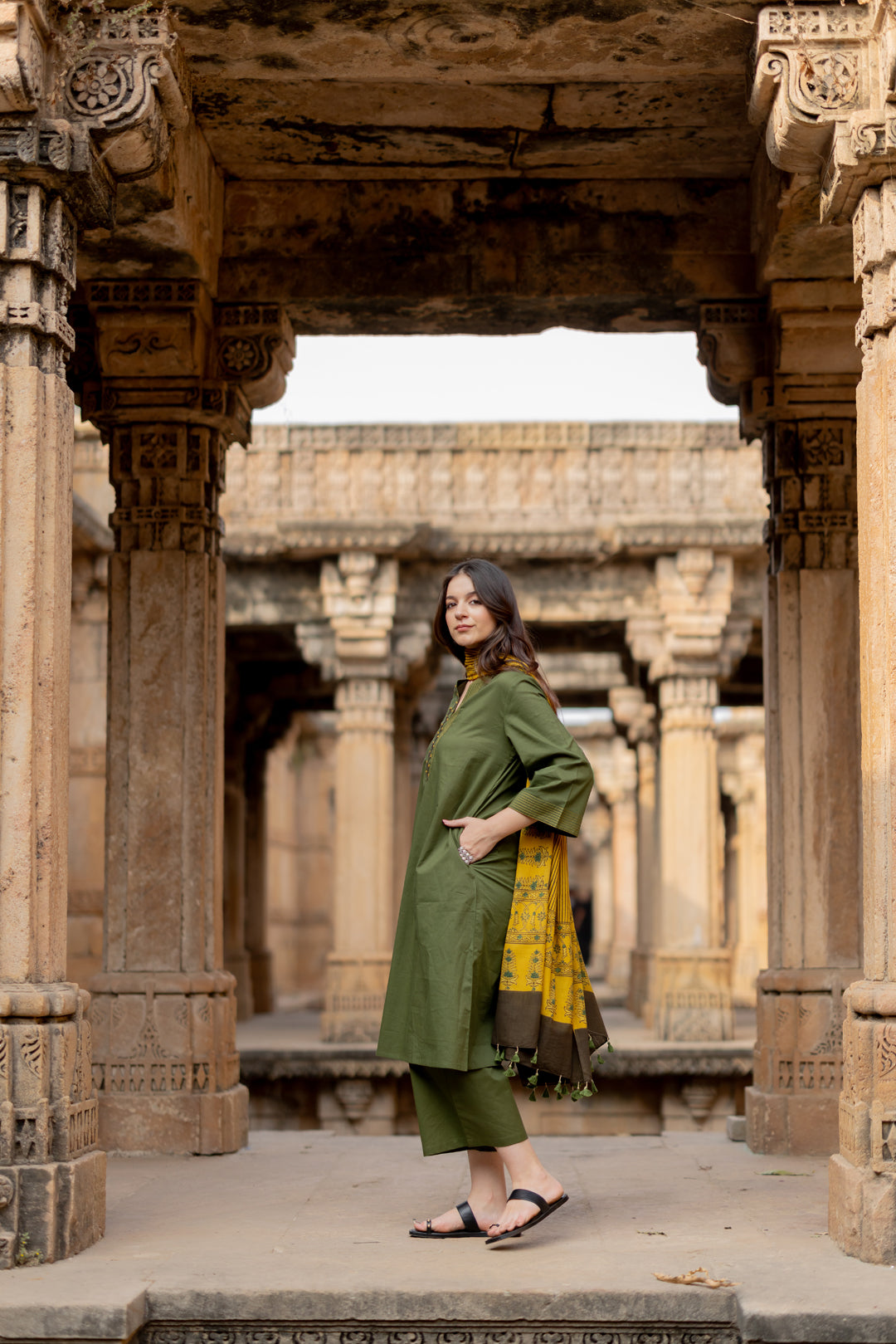 Kutch Green Kurta Set with Mustard Ajrakh Dupatta