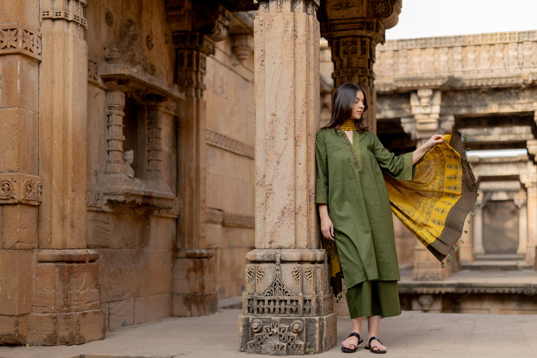 Kutch Green Kurta Set with Mustard Ajrakh Dupatta