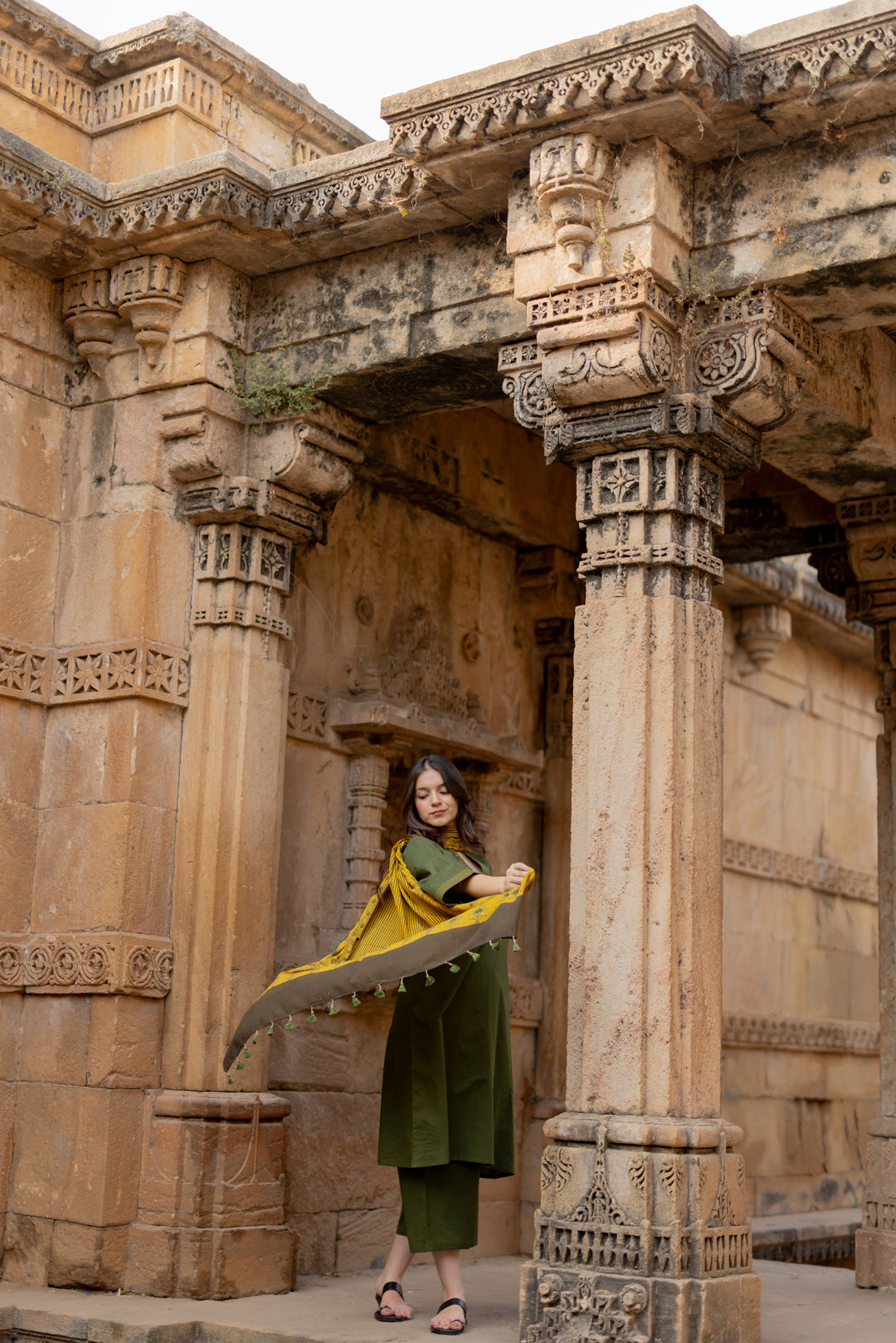 Kutch Green Kurta Set with Mustard Ajrakh Dupatta