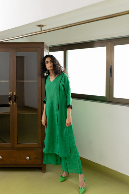 Bottlegreen Linen Kurta and pants Set